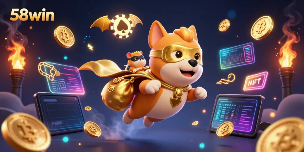 Experience thrilling adventures at 58win, where the superhero dog and hamster deliver exciting gold coin wins in a vibrant casino world.