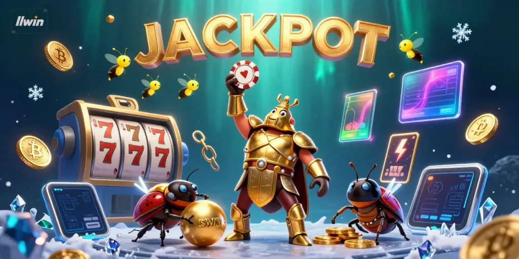 Experience thrilling llwin action with a 3D hercules beetle in golden armor and dynamic casino elements.