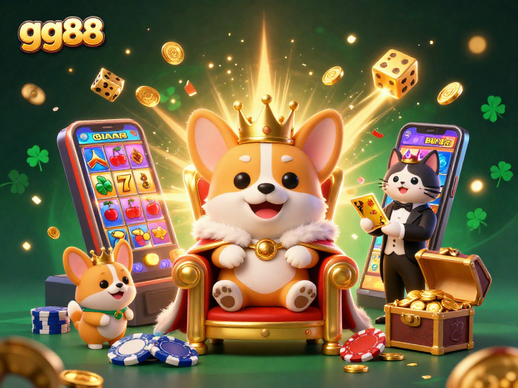 Experience the thrill with gg88 as the royal corgi presides over a jackpot explosion in this vibrant casino scene.