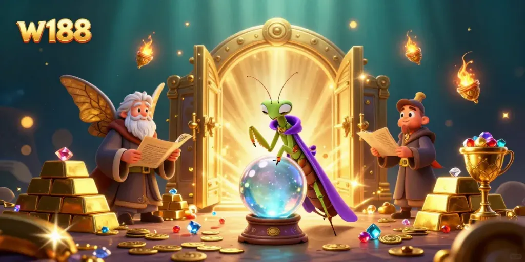 Engaging visual of w188 with a mystical fortune teller, gold treasures, and colorful gems in a vibrant scene.