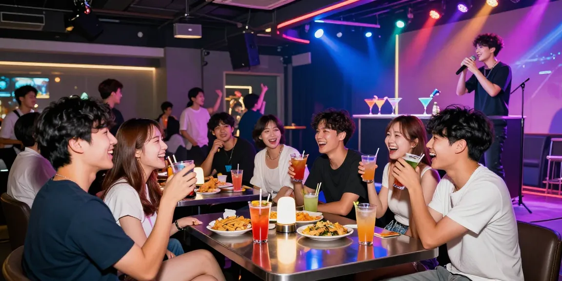 Enjoying 제주유흥 nightlife with friends, vibrant drinks, and lively atmosphere.