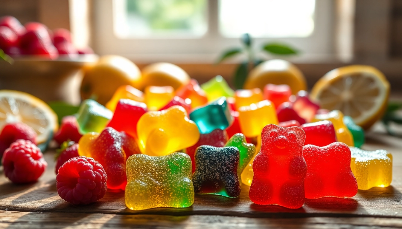 Colorful Weed Gummies among fresh fruits creating an inviting edible scene.