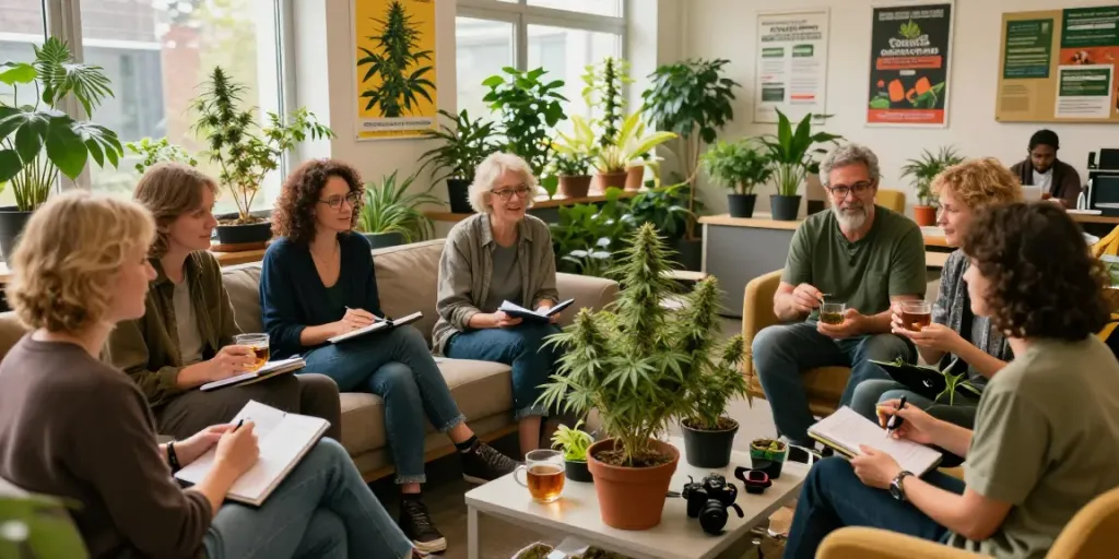 A vibrant community discussing cannabis cultivation at a Cannabis Social Club in Oldenburg.
