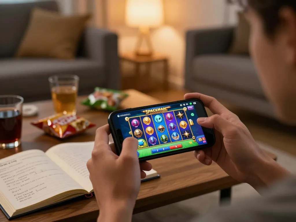 Engaged player spinning the reels on the Spaceman slot game using a smartphone in a cozy home setting.