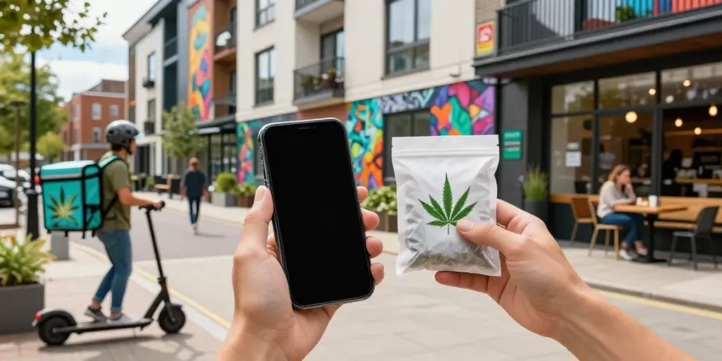 Cannabis delivery in Milton Keynes, featuring a delivery person in an urban setting with vibrant street art and a scooter.