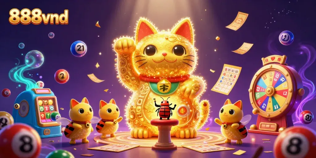 Engage with vibrant 888vnd lottery games, showcasing a lucky cat amid colorful symbols and dynamic elements.