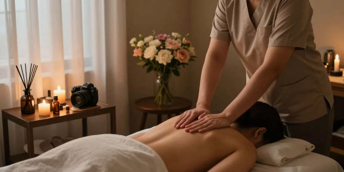 Relaxing therapy session showcasing 구로마사지 elements, tranquil atmosphere with essential oils and candles.