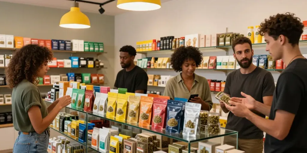 Customers exploring gold seal hash at a vibrant cannabis shop, engaging with budtender.