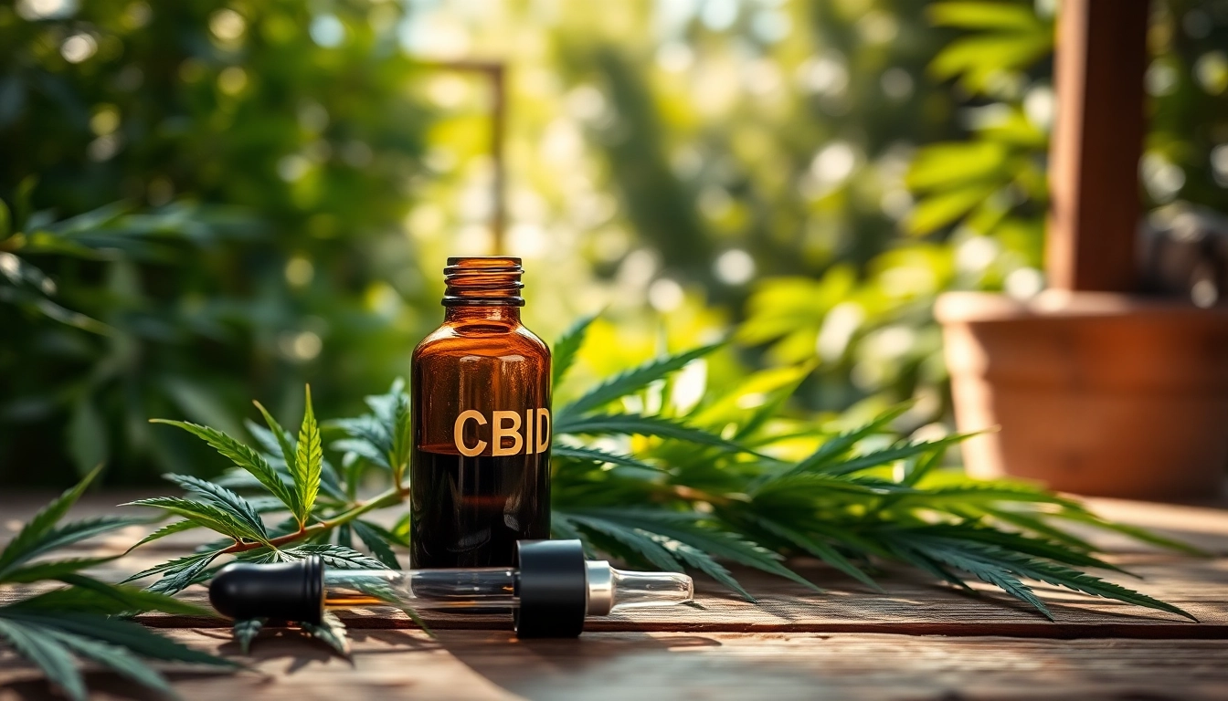Highlighting CBD Oil bottle surrounded by hemp leaves on a wooden table.