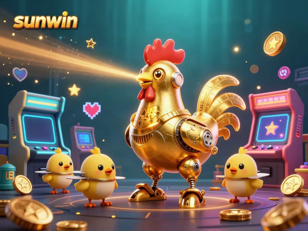 Engage with the electrifying gaming experience at sunwin, featuring a golden rooster robot and vibrant game elements.