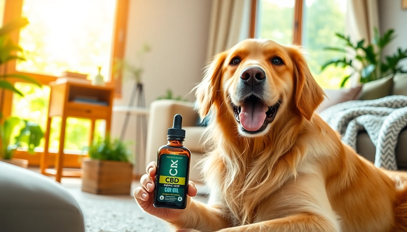 Golden retriever playing with CBD Oil For Dog in a bright, cozy living room.