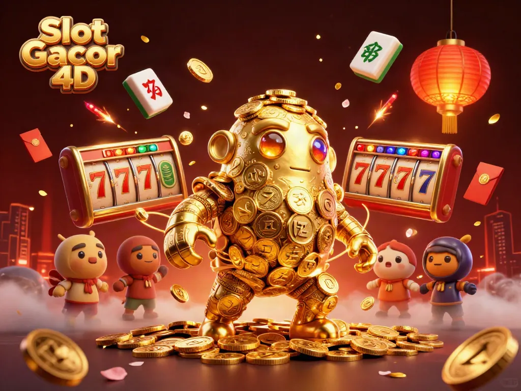 Permainan Slot Gacor 4D dengan golem emas dan elemen kasino yang kaya warna.