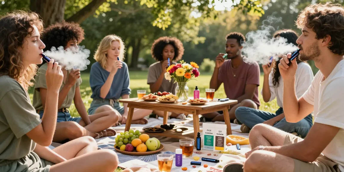 Engaging outdoor scene featuring friends enjoying disposable THC vape UK products amidst a vibrant natural setting, emphasizing organic wellness and community.