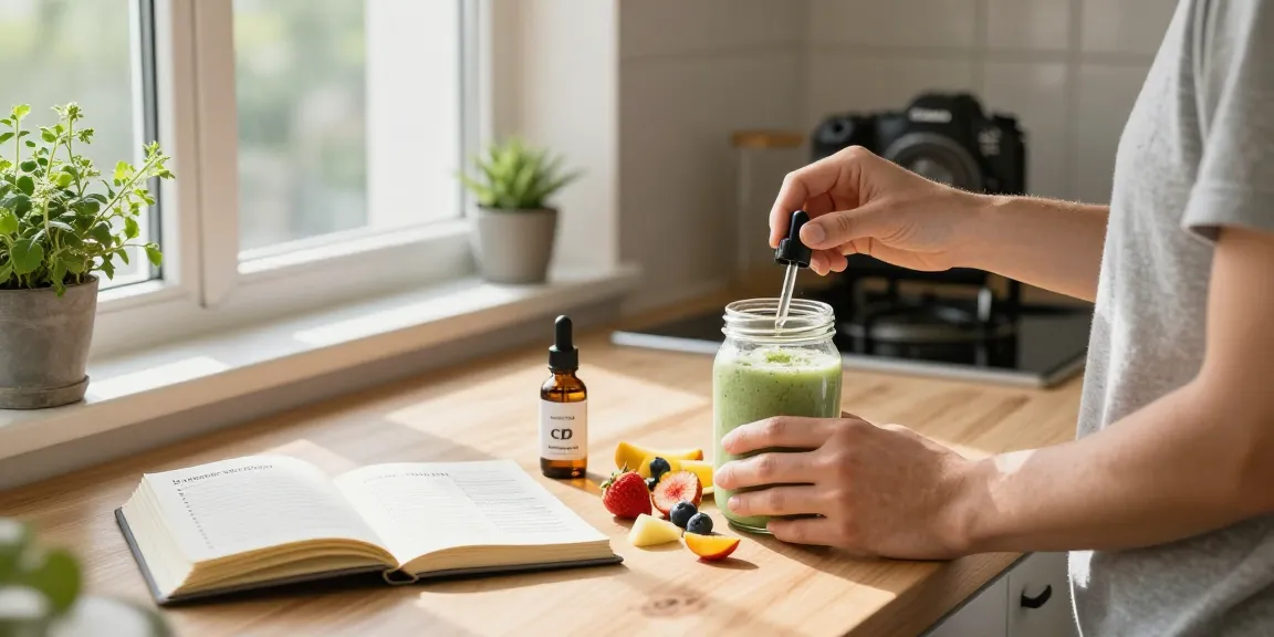 Ministry of Cannabis CBD oil tincture and smoothie ingredients in a bright kitchen.