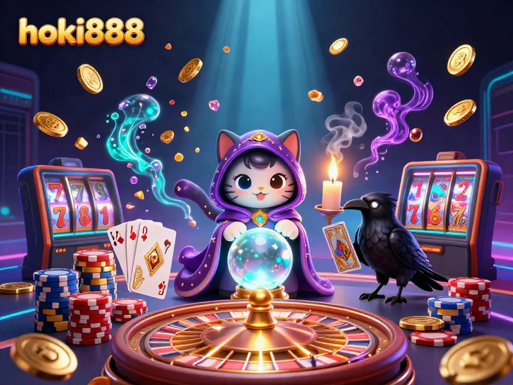 Hoki888 menyajikan ilustrasi kasino dengan kucing peramal mistis dan elemen menarik lainnya, penuh koin emas.