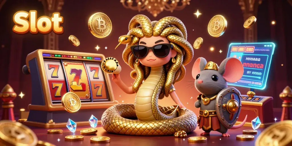Slot mesin membawa keberuntungan dengan Medusa lucu dan mouse pejuang, dikelilingi simbol jackpot.