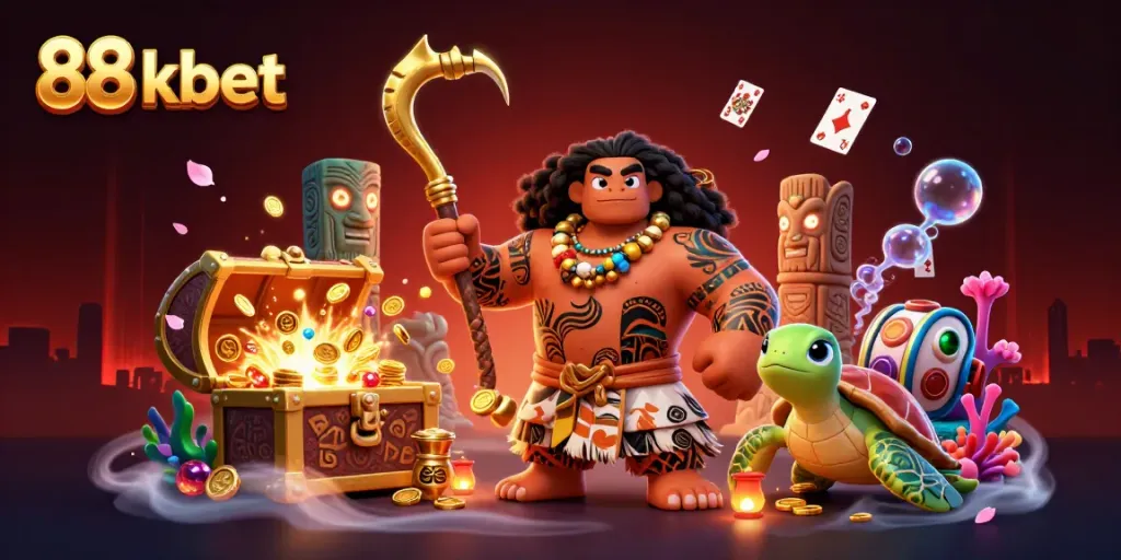 Engage with the excitement of 88 kbet in a vibrant 3D underwater scene packed with gold treasures and playful characters.