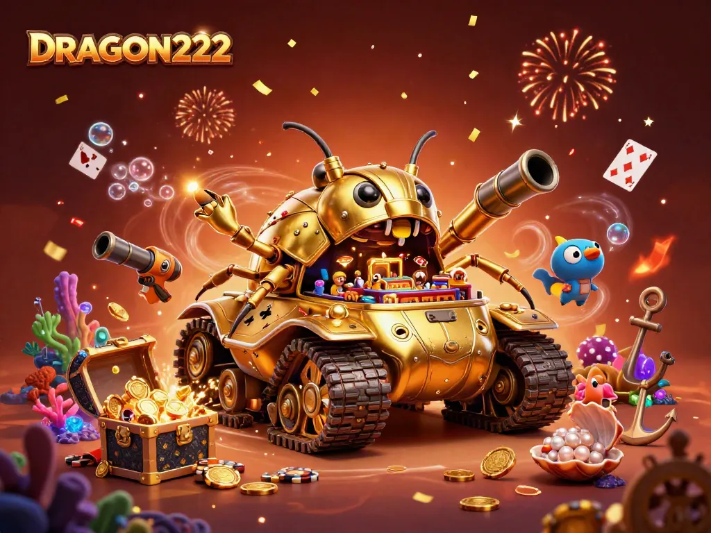 Spin to win with DRAGON222, featuring a playful golden beetle tank and vibrant casino scene.