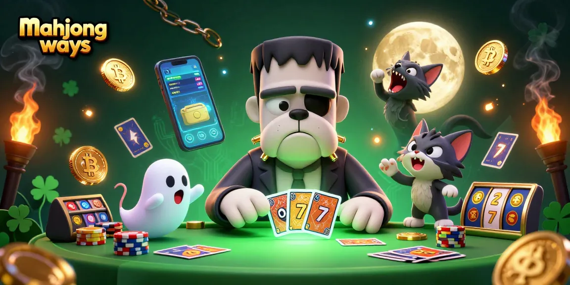 Playing mahjong ways at an exciting haunted casino table with quirky characters.