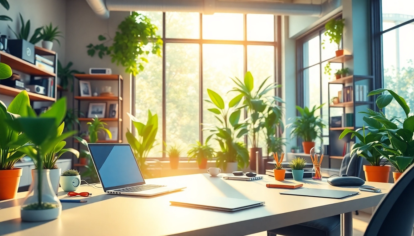Showcase of geekthc technology in a vibrant workspace with innovative gadgets and plants.
