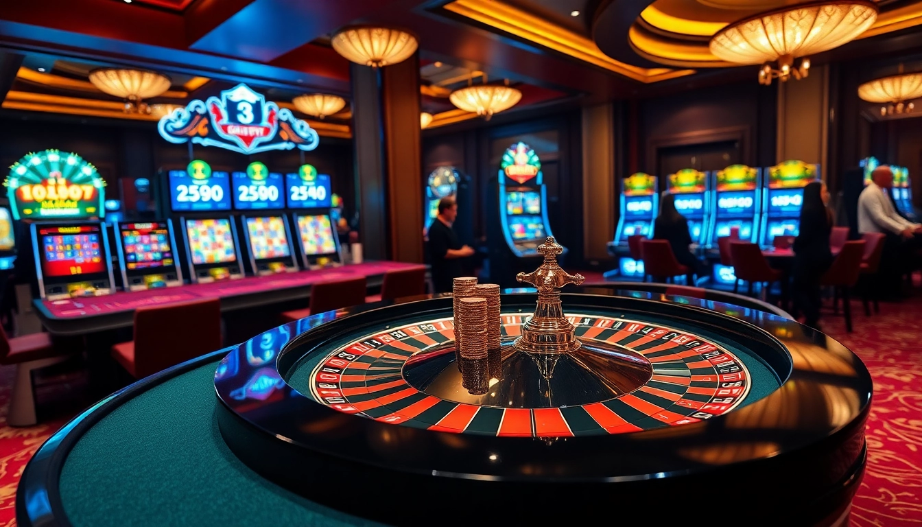 Experience the thrill of mg188s.com with a luxurious casino setting showcasing roulette and vibrant slot machines.