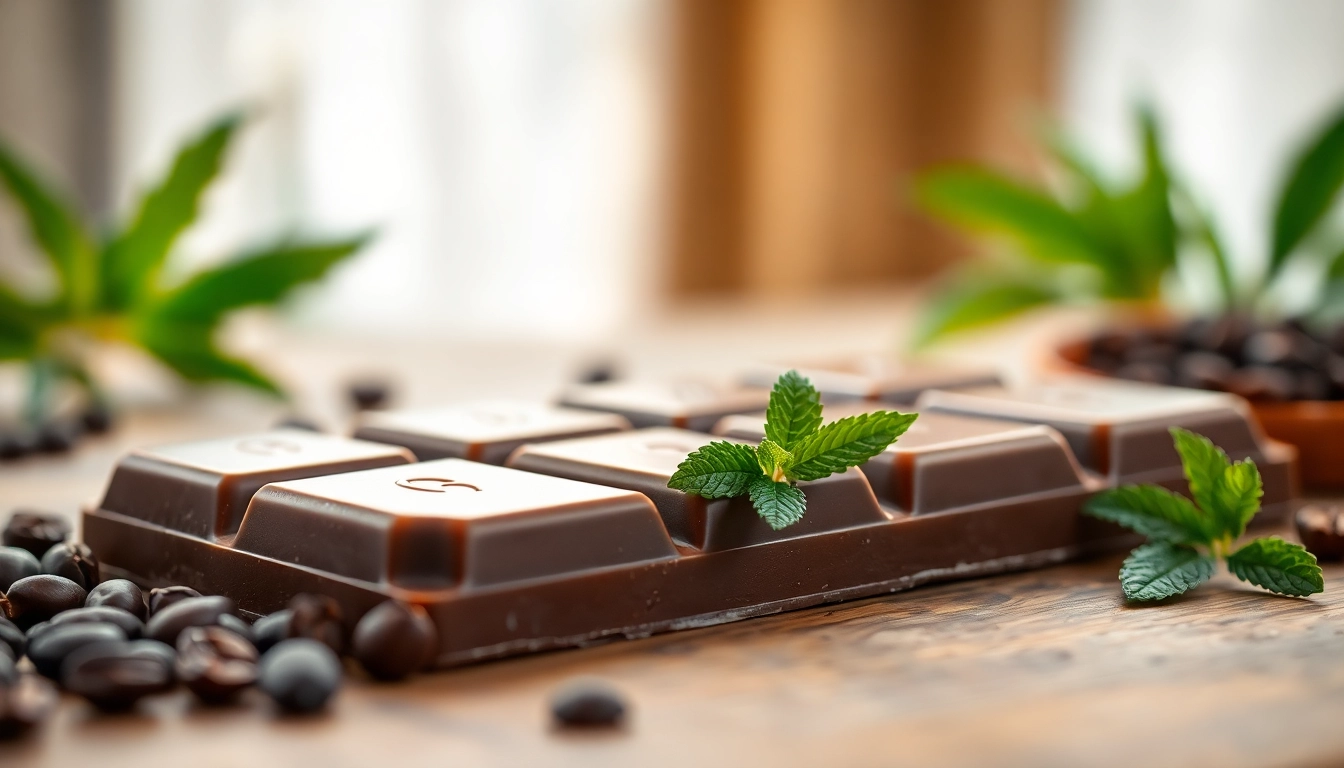 Enjoying a rich chocolate edibles 1000mg bar surrounded by fresh mint and cocoa beans.