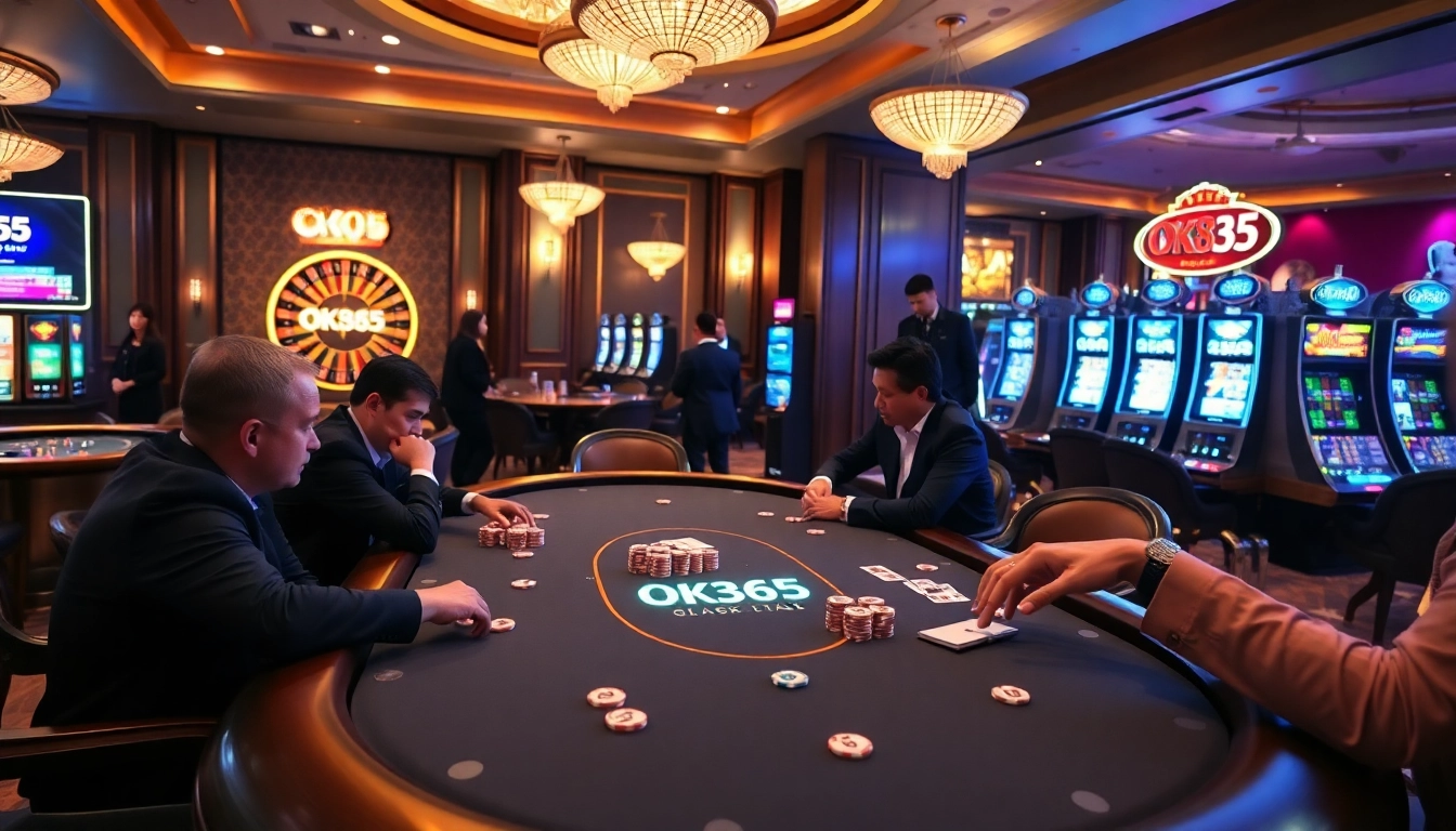 Engage with high-stakes action at OK365 casino, showcasing thrilling poker gameplay and vibrant gaming atmosphere.