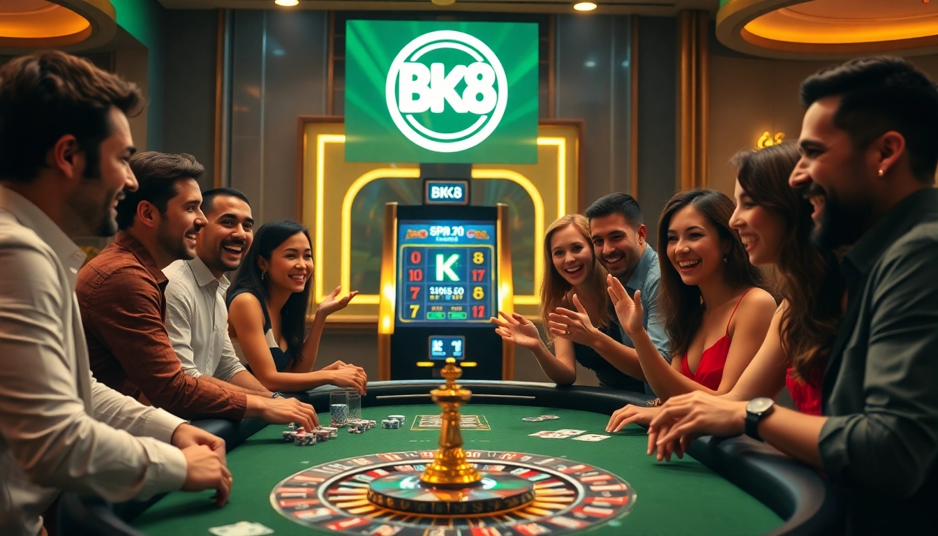 Players reveling at the BK8 เว็บตรง casino table, surrounded by vibrant gaming elements and luxurious decor.