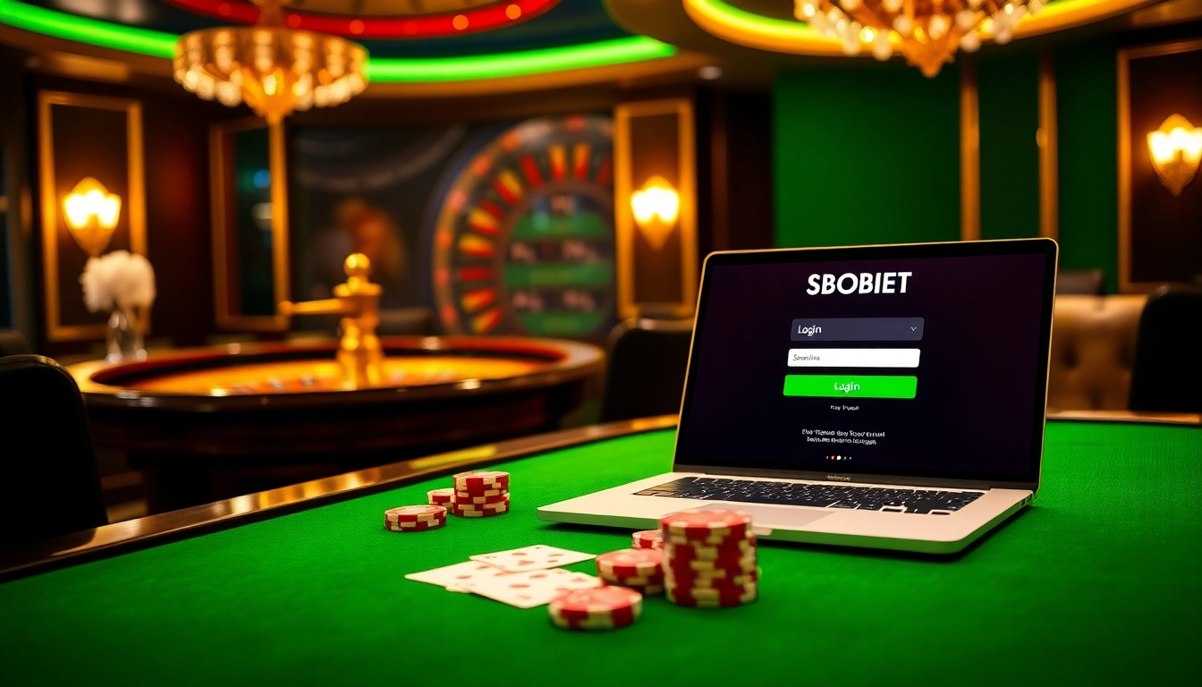 Experience the thrill of sbobet login on a luxurious casino gaming table with poker chips and cards.