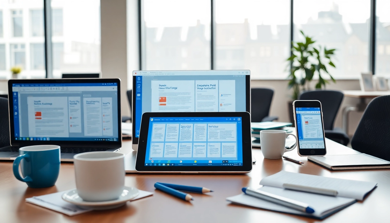 WPS官网在现代办公室中展示多设备协作文档编辑界面。