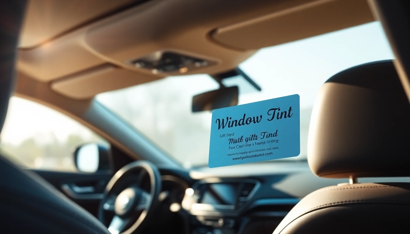 Promote window tint gift card with a sleek car interior and highlighted gift card features.