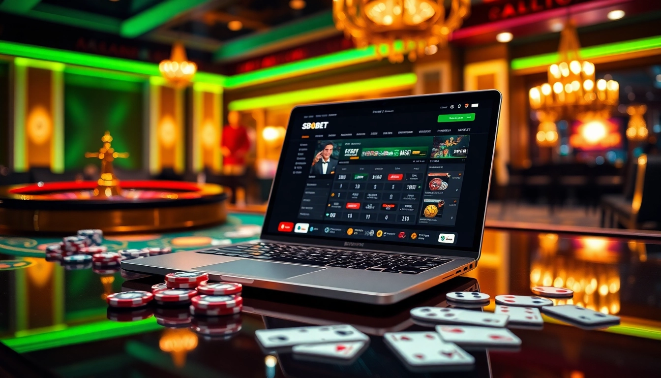 SBOBET online gambling scene with poker chips, roulette, and a laptop betting interface