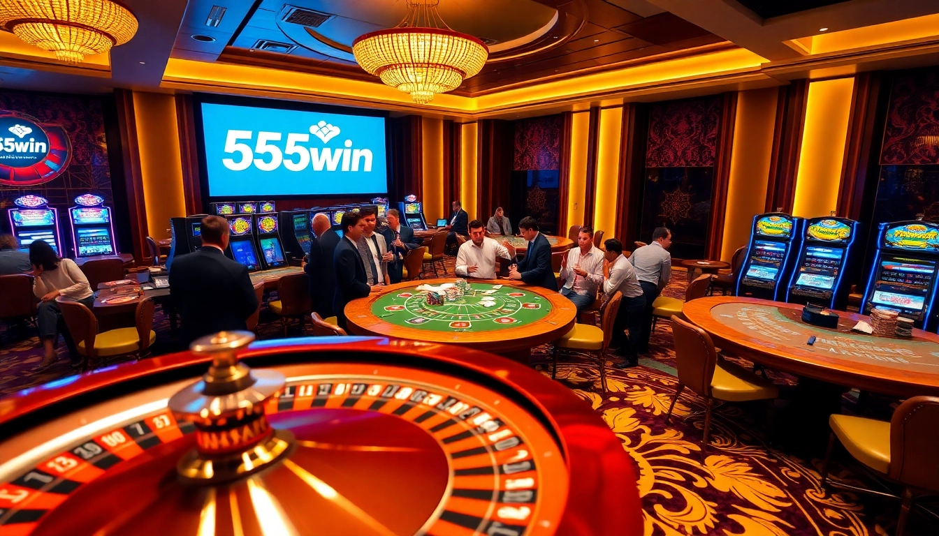 Exciting gameplay at 555win casino, featuring vibrant slot machines and a roulette wheel.