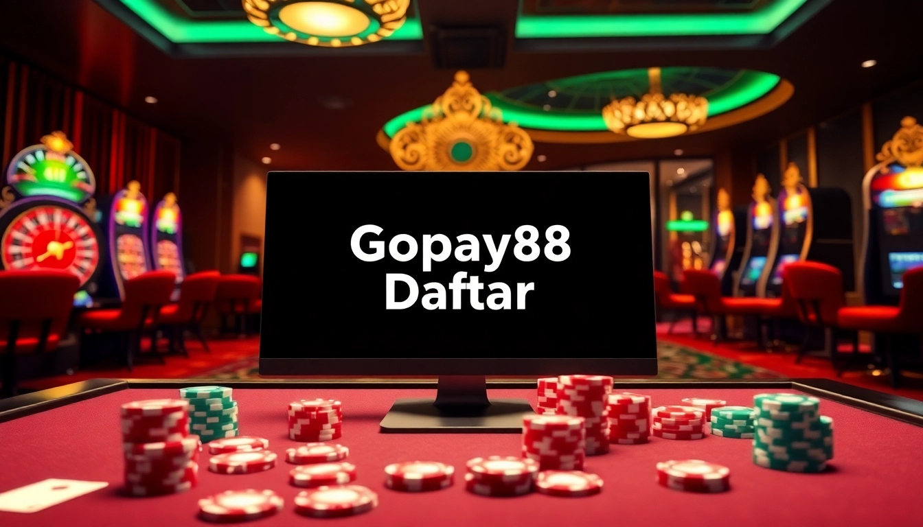 Engage with Gopay88 Daftar through a vibrant online gambling scene featuring roulette wheels and slot machines.