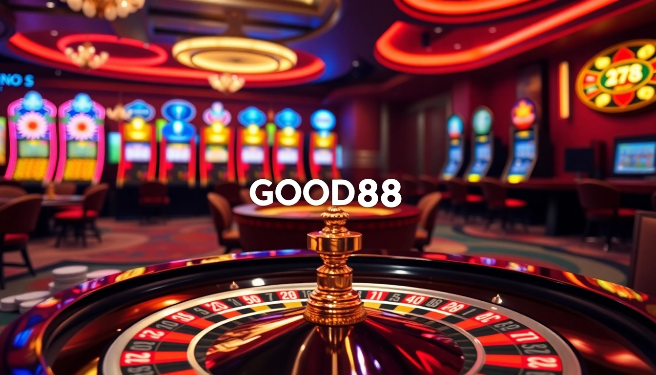 Experience the excitement of casino gaming at GOOD88 with vibrant slot machines and blackjack tables.