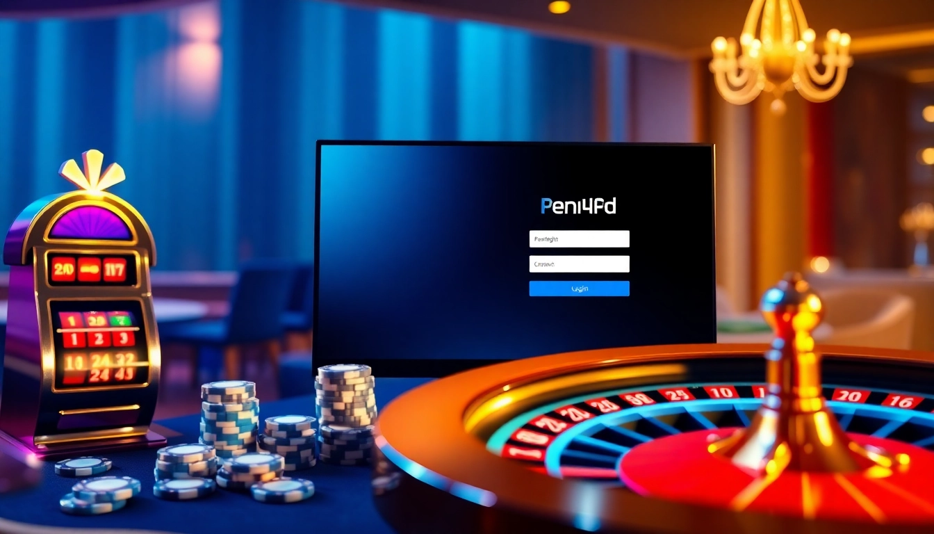 Experience the excitement of pen4d login with vibrant casino visuals featuring slot machines and poker chips.