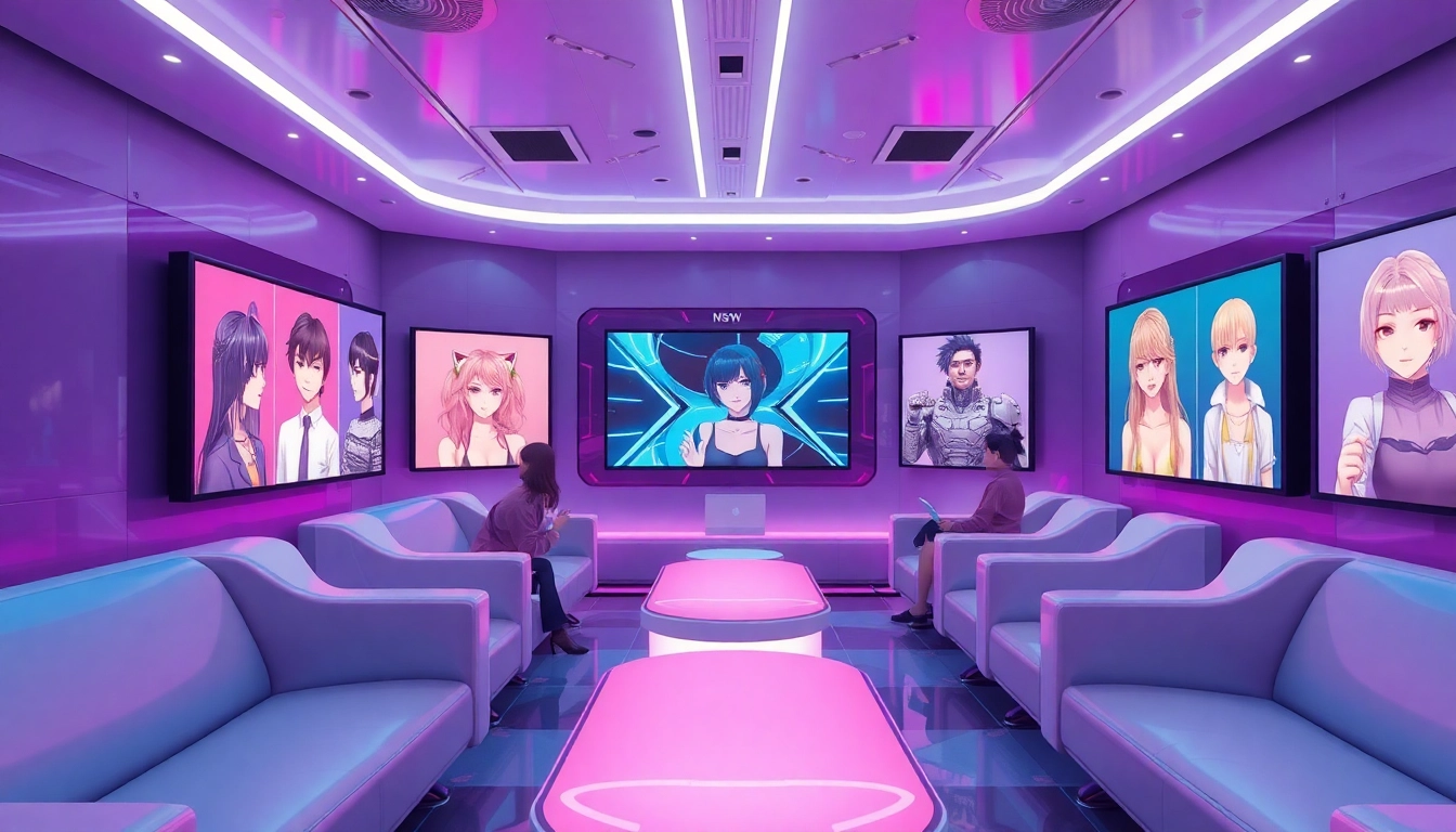 Engaging digital artwork depicting users interacting with diverse NSFW character AI in a futuristic lounge setting.