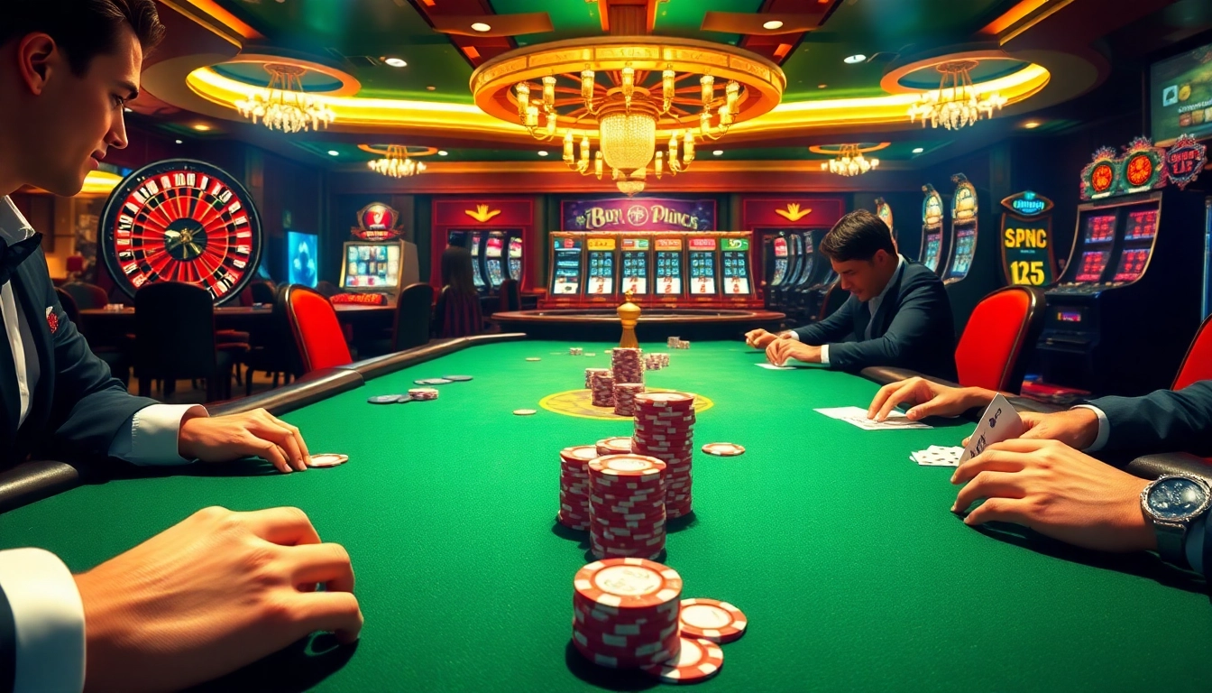 Players enjoying intense poker action at 8day casino with vibrant chips and cards.