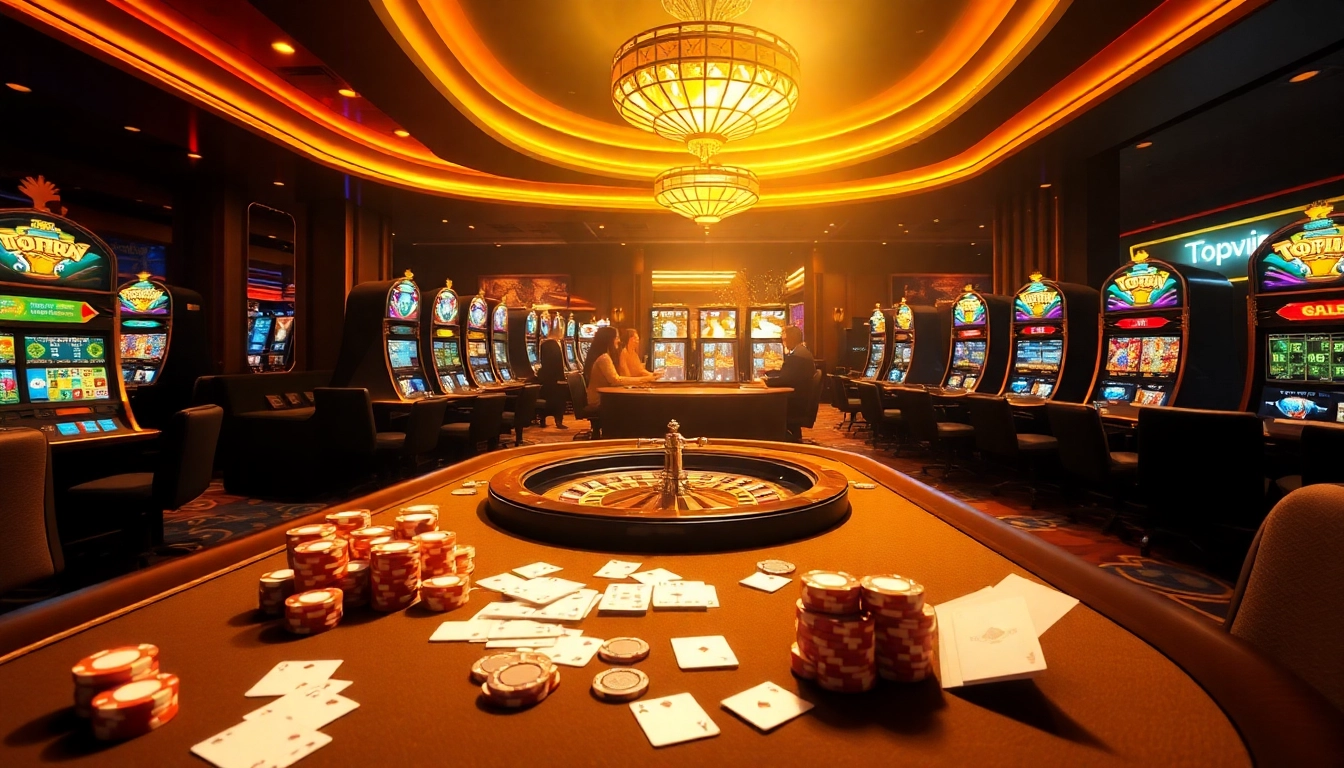 Topvin gambling scene with poker chips, roulette, and engaged players.